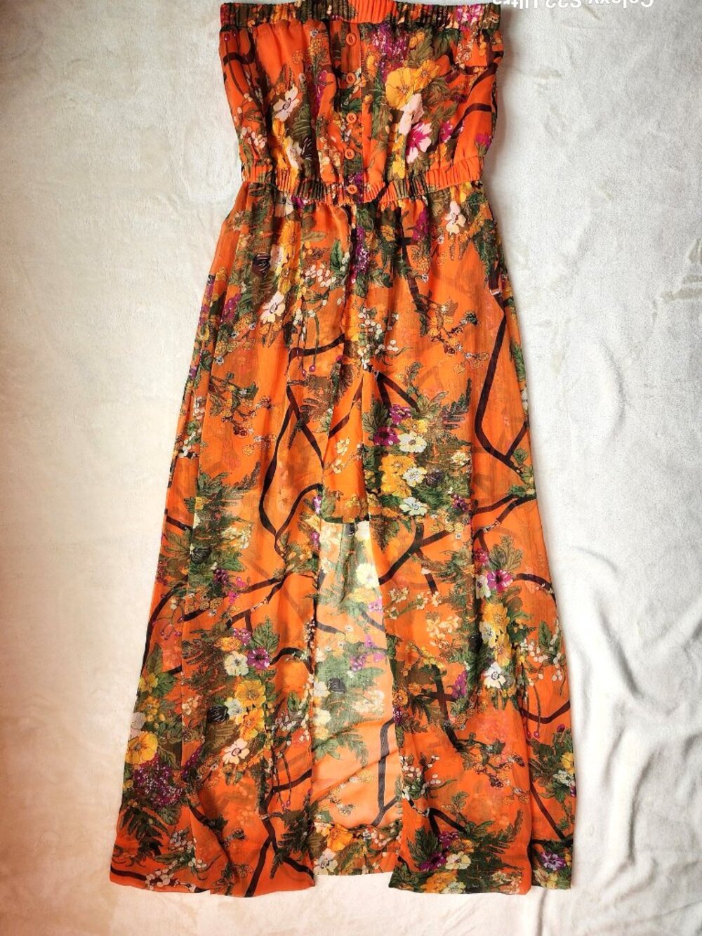 Orange Floral Sheer Panel Maxi Sundress with Front Slit